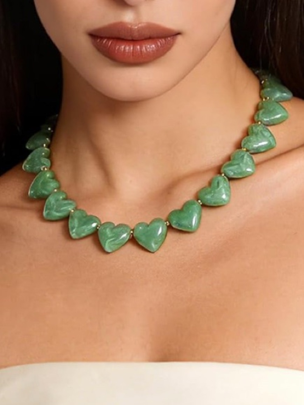 Green Marbled Heart Beaded Necklace
